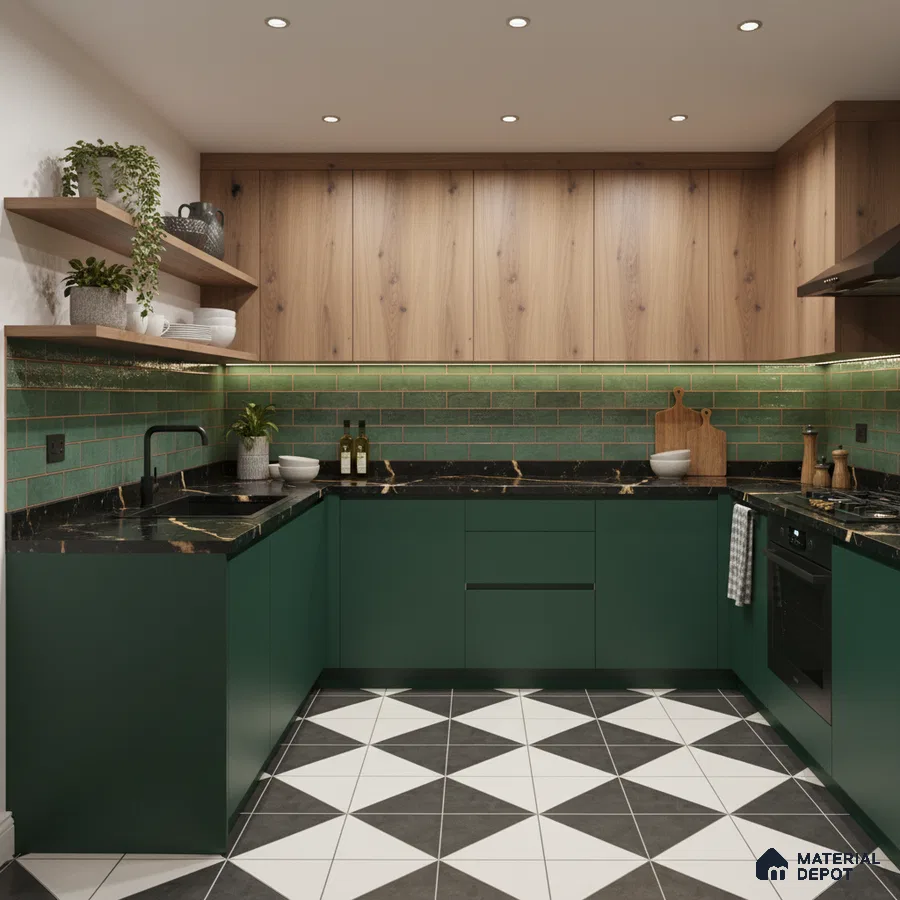 Modern kitchen with green laminate cabinets, wood laminate shutters, green subway backsplash tile, and black marble countertop in Bengaluru