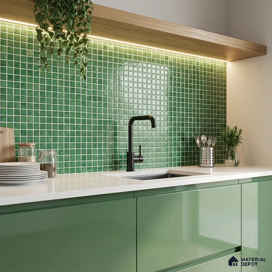 Modern kitchen with green mosaic backsplash tile, glossy sage green laminate cabinets, and white quartz countertop