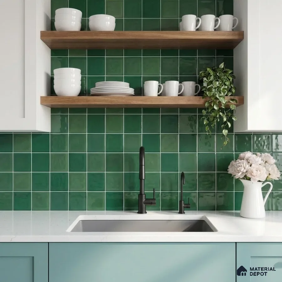 Modern kitchen with green square backsplash tiles, white quartz countertop, and pastel blue laminate cabinets
