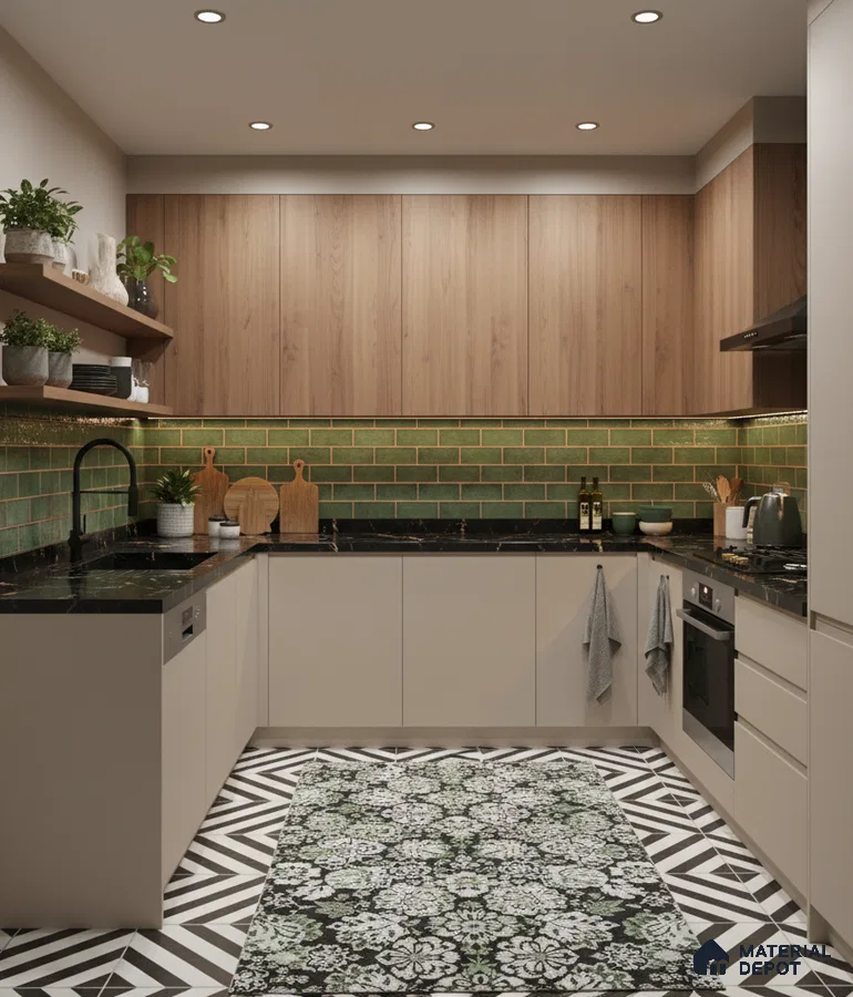 Modern kitchen with green subway tile backsplash, wood grain laminate cabinets, and black marble countertop in Bengaluru