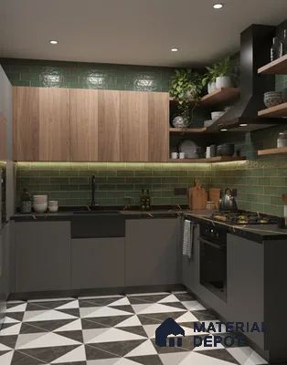 Modern kitchen with green subway wall tiles, walnut wood laminate, and geometric black-and-white floor tiles in Bengaluru