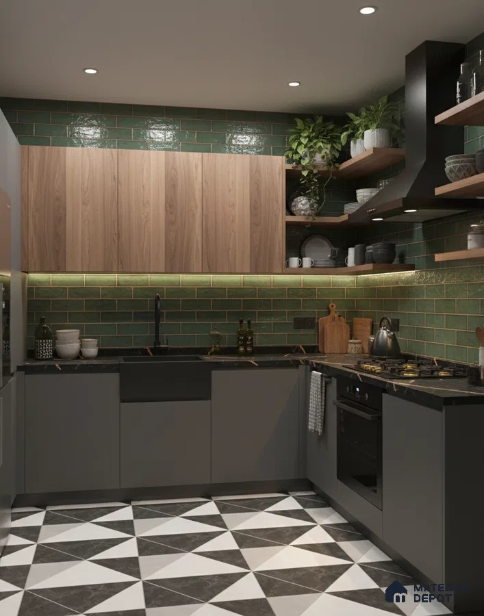 Modern kitchen with green subway wall tiles, walnut wood laminate, and geometric black-and-white floor tiles in Bengaluru