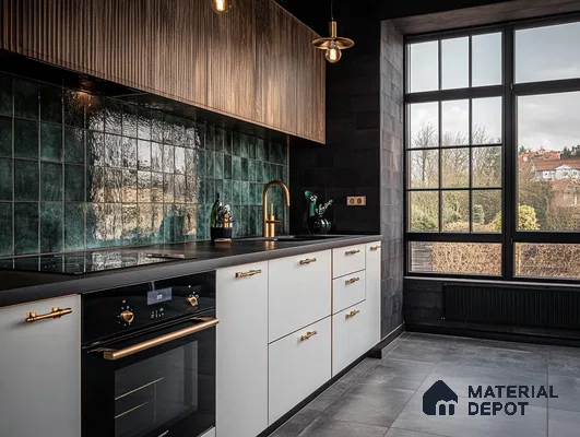 Modern Kitchen with Green Tile Backsplash and Brass Accents | Material Depot