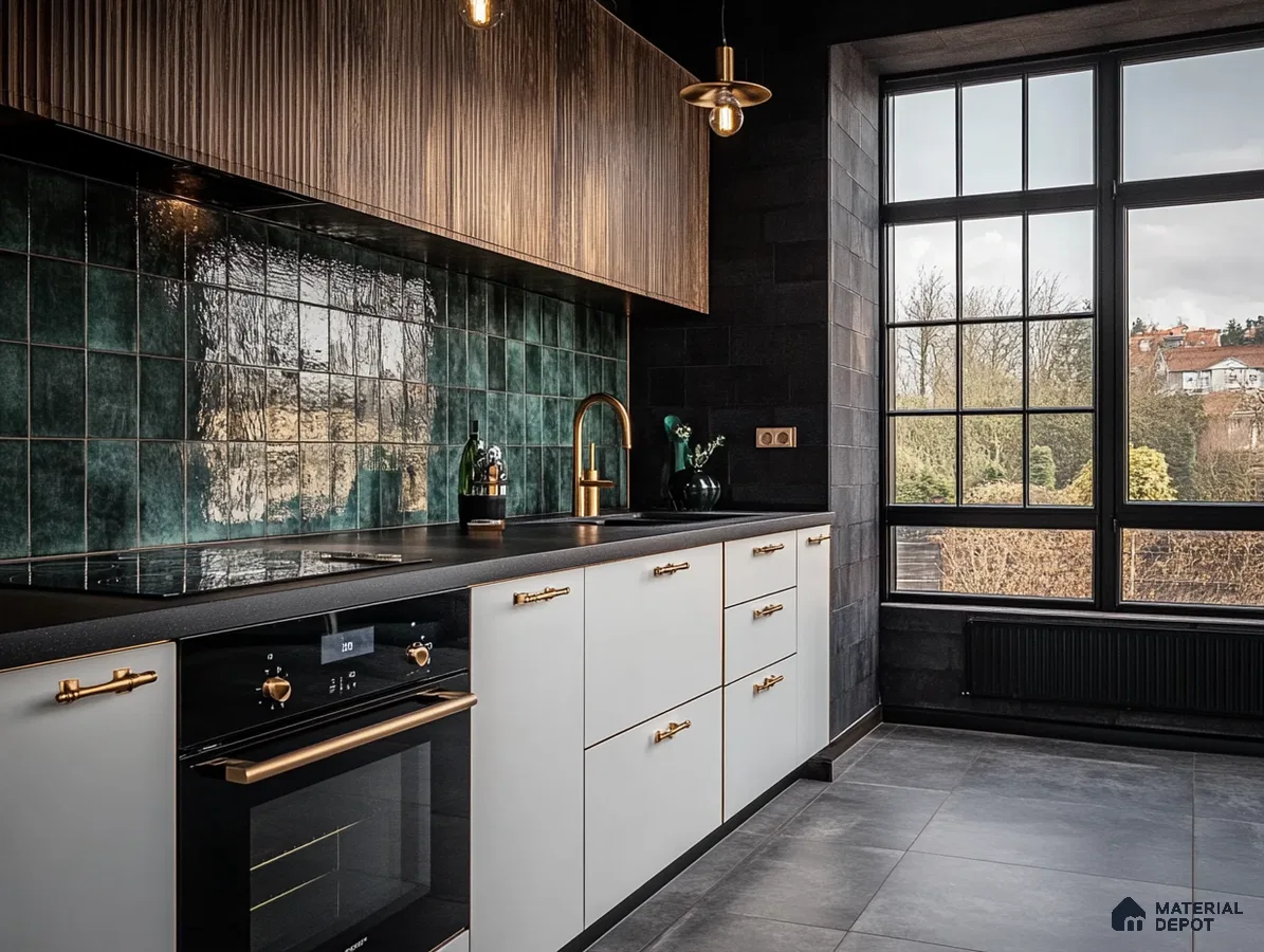 Modern Kitchen with Green Tile Backsplash and Brass Accents | Material Depot