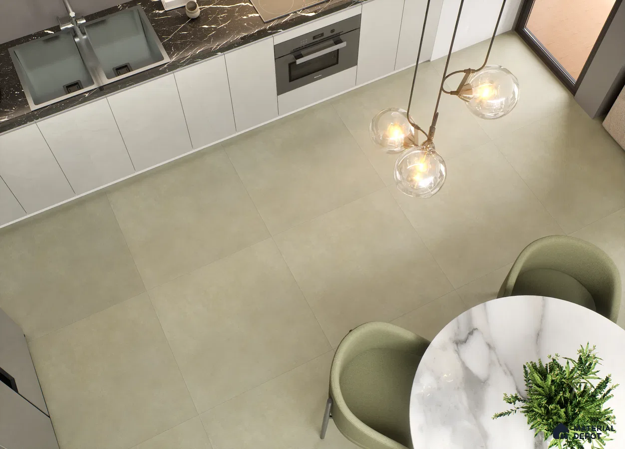 Modern Kitchen with Green Tile Flooring | Material Depot