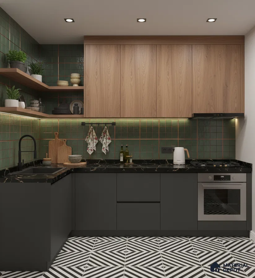 Modern kitchen with green wall tiles, black marble countertop, and geometric black-and-white floor tiles in Bengaluru