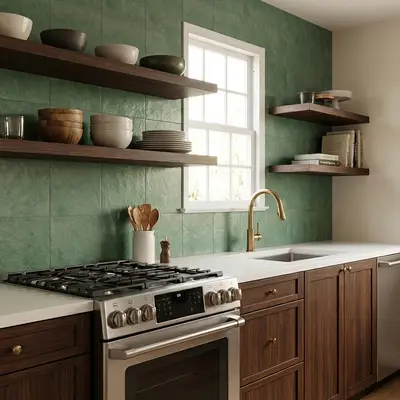 Modern kitchen with green wall tiles, walnut wood cabinets, and white quartz countertop