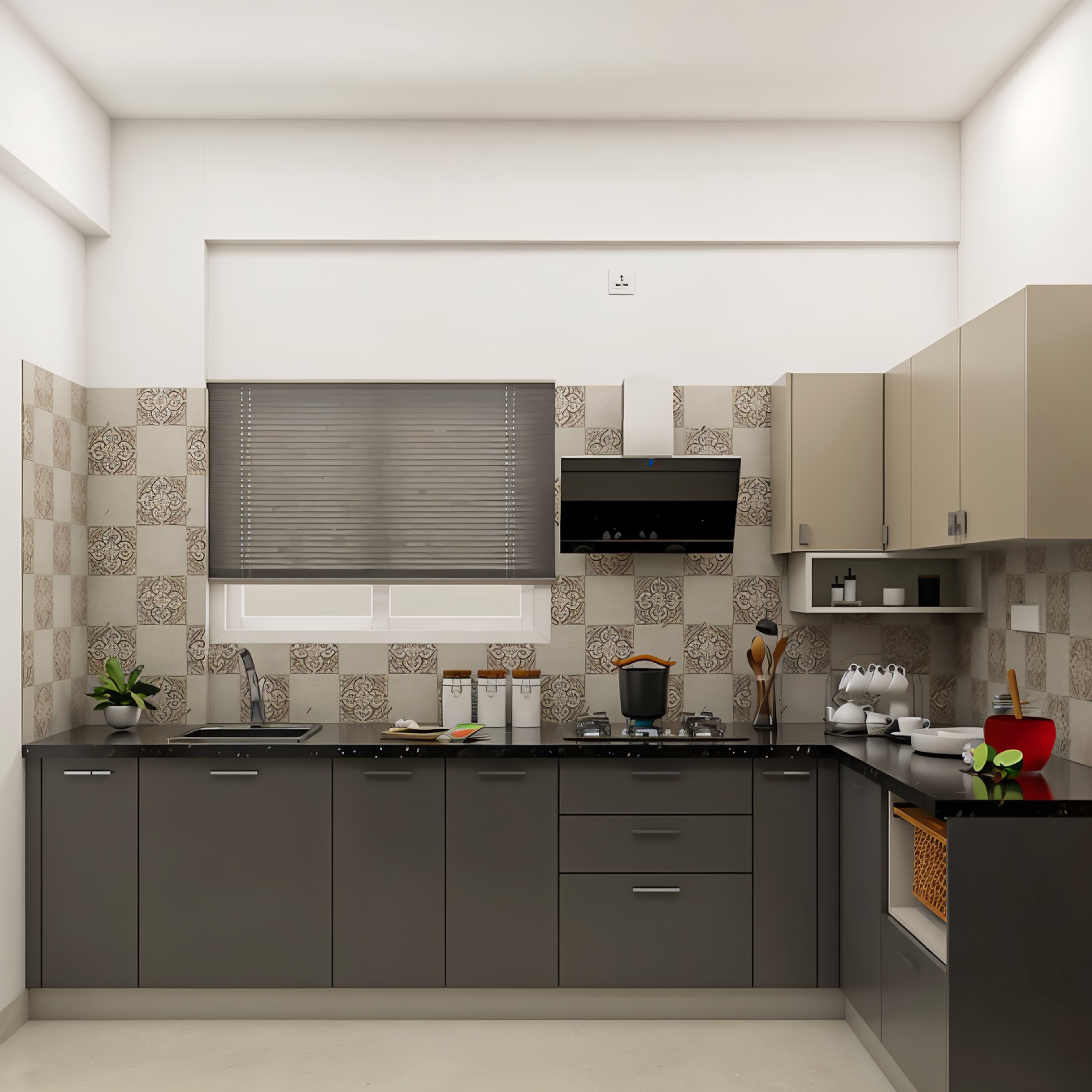 Modern kitchen with grey and beige laminate cabinets, black granite countertop, and patterned checkerboard backsplash tiles in Bengaluru | Material Depot