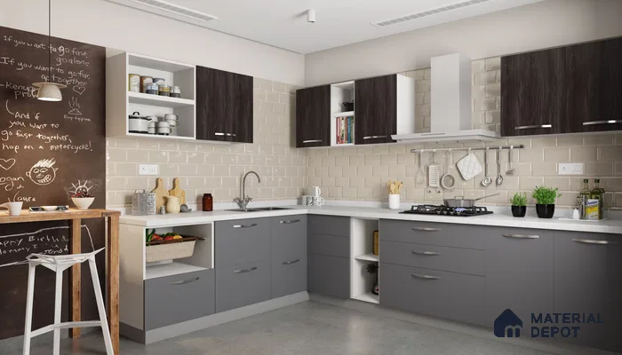 Modern kitchen with grey and dark wood laminate, beige subway tile backsplash, and white quartz countertop in Bengaluru | Material Depot
