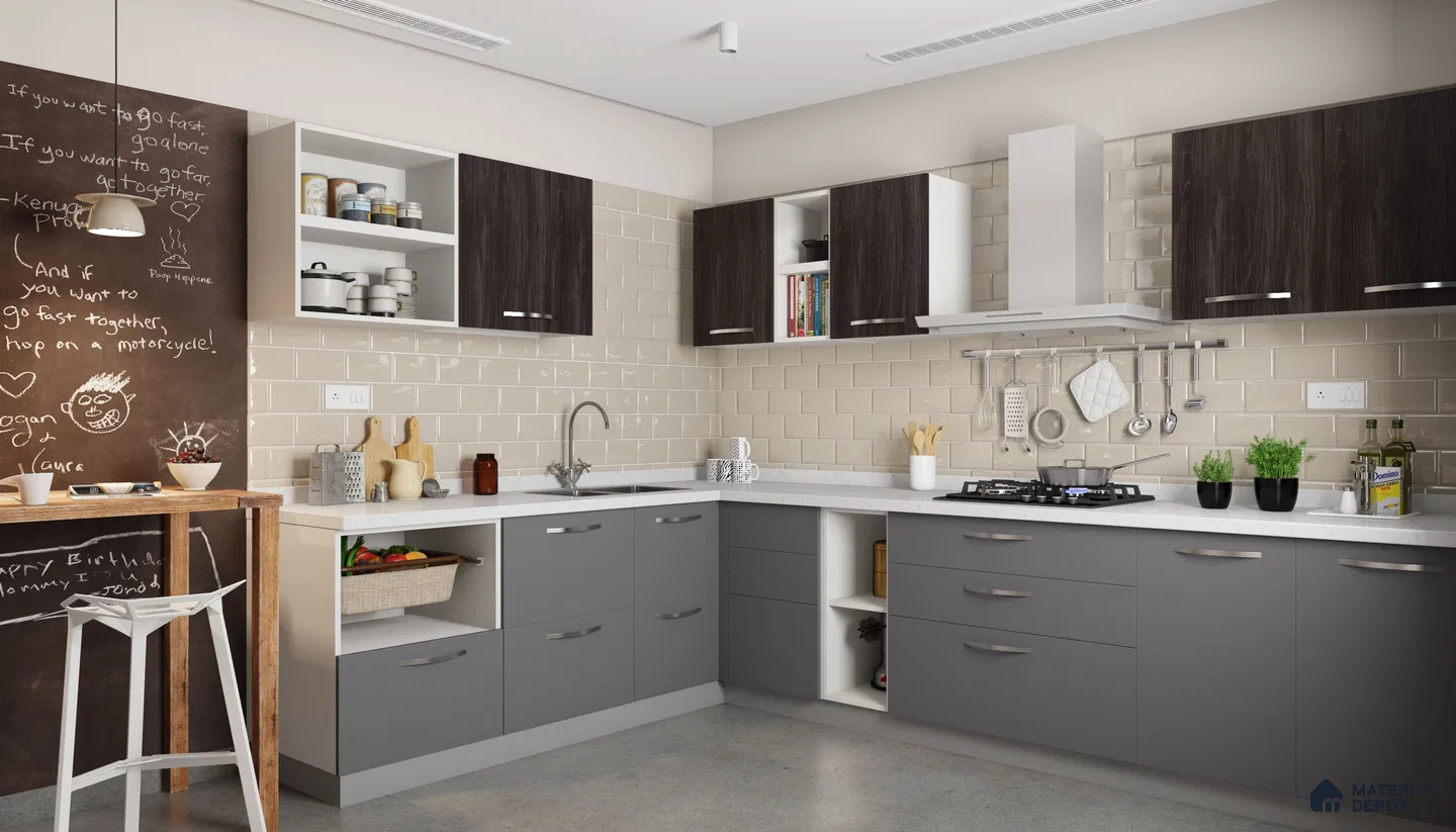 Modern kitchen with grey and dark wood laminate, beige subway tile backsplash, and white quartz countertop in Bengaluru | Material Depot