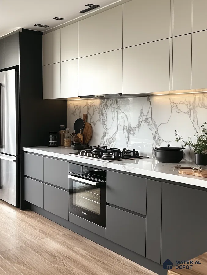 Modern kitchen with grey and white laminate cabinets, marble-look backsplash, and wood-look flooring in Bengaluru | Material Depot