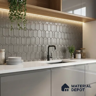 Modern kitchen with grey geometric backsplash tile, glossy grey laminate cabinets, and white quartz countertop