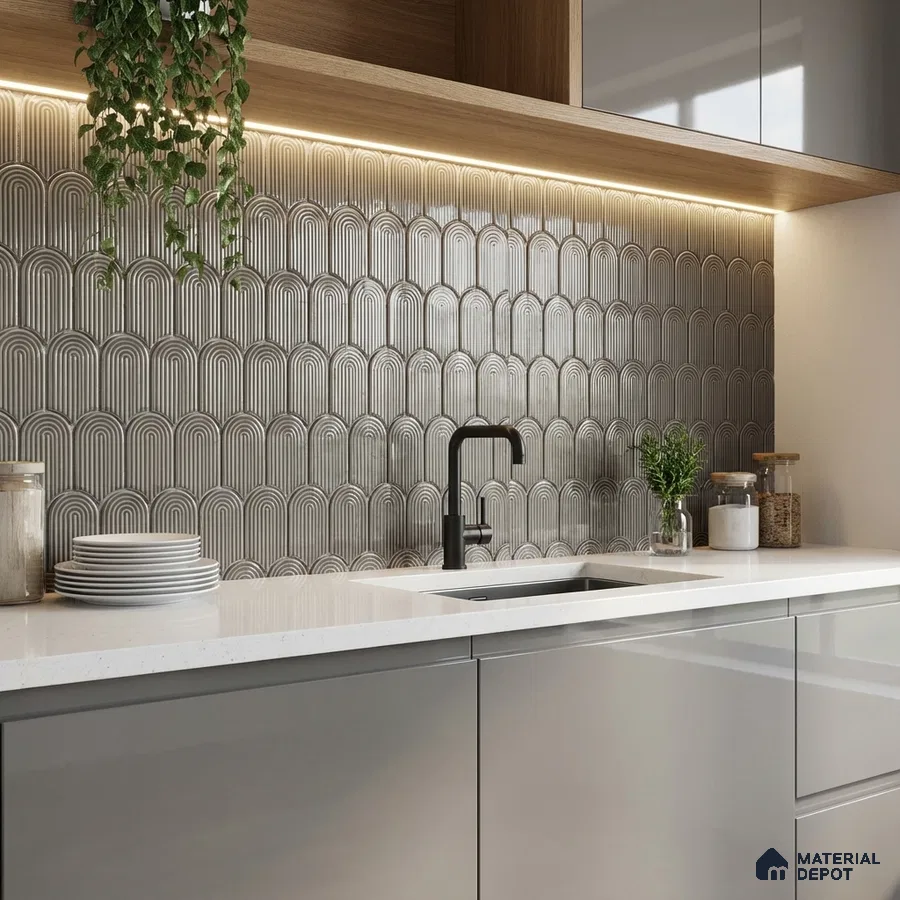 Modern kitchen with grey geometric backsplash tile, glossy grey laminate cabinets, and white quartz countertop