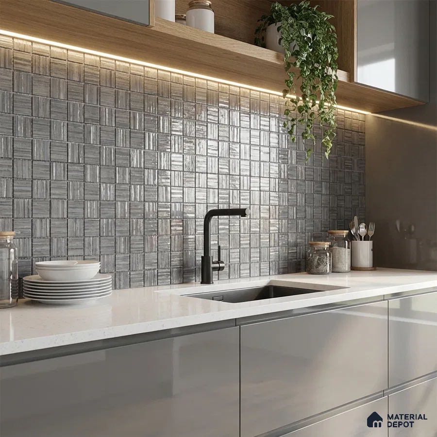 Modern kitchen with grey geometric backsplash tile, glossy grey laminate cabinets, and white quartz countertop