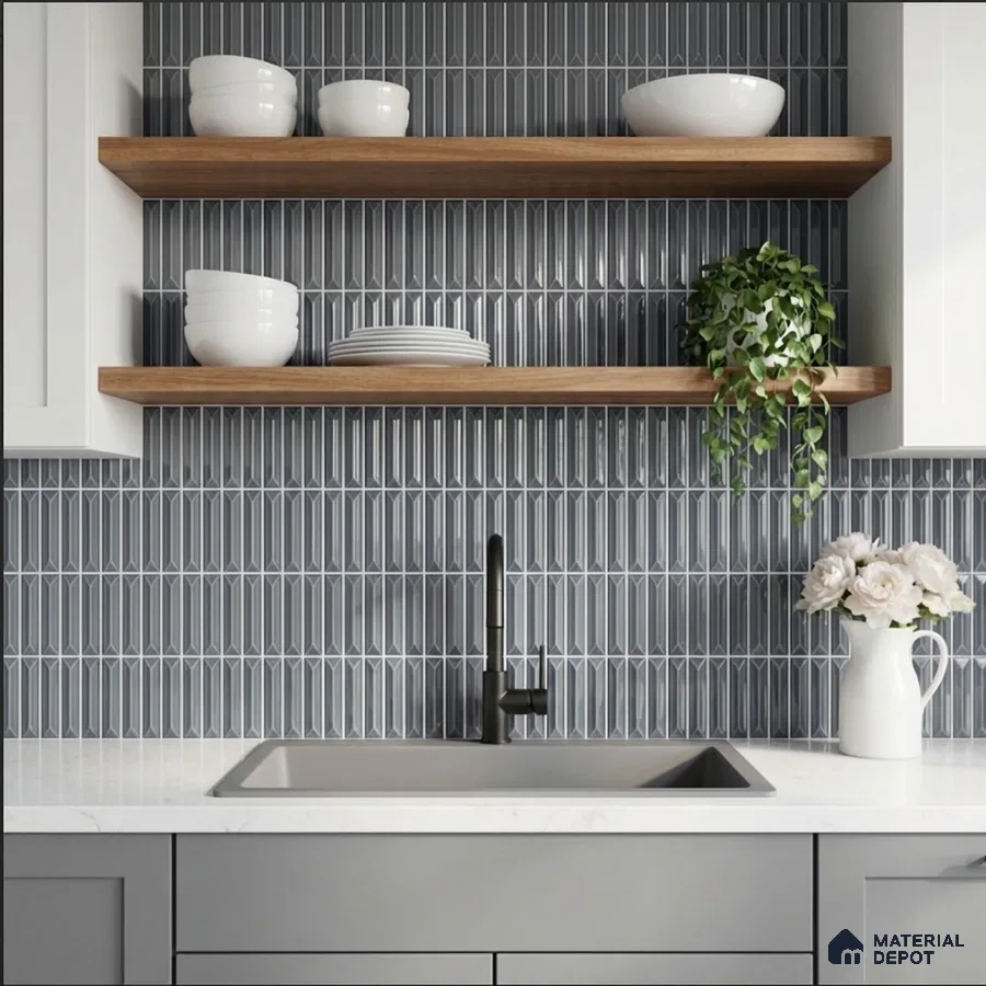 Modern kitchen with grey geometric backsplash tile, white quartz countertop, and wooden open shelves