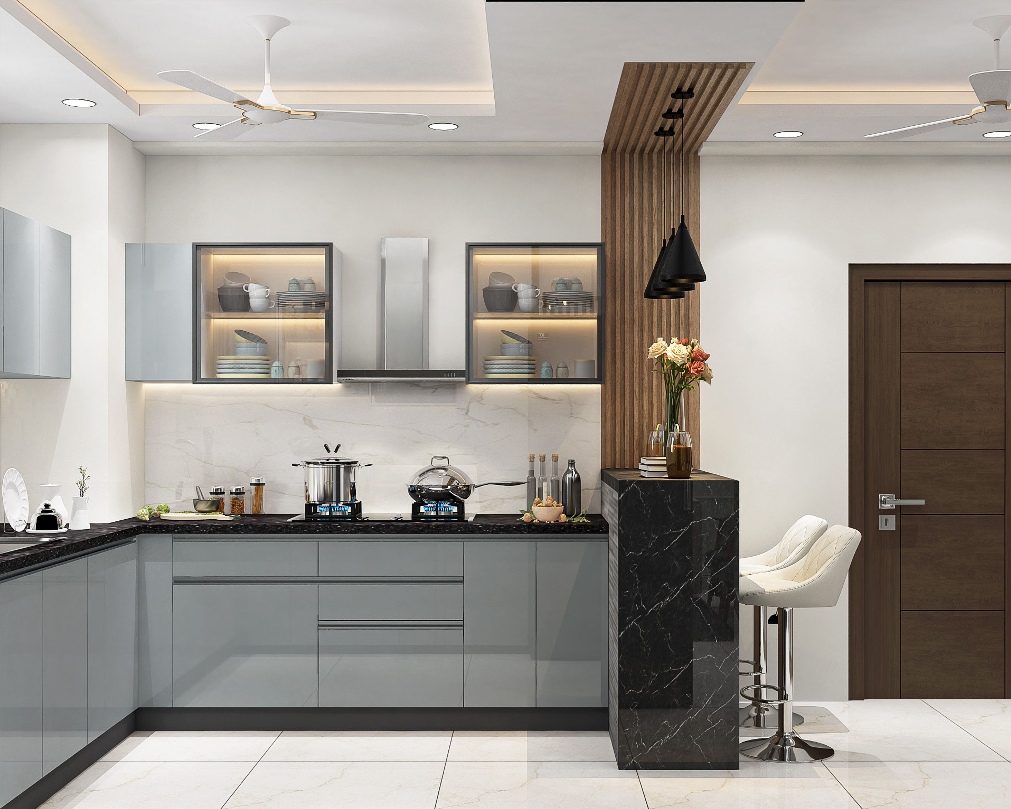 Modern kitchen with grey high gloss laminate, black marble breakfast counter, and white marble backsplash in Bengaluru | Material Depot
