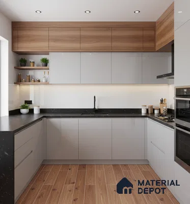 Modern kitchen with grey high gloss laminate, black marble countertop, and wood-look floor tile in Bengaluru
