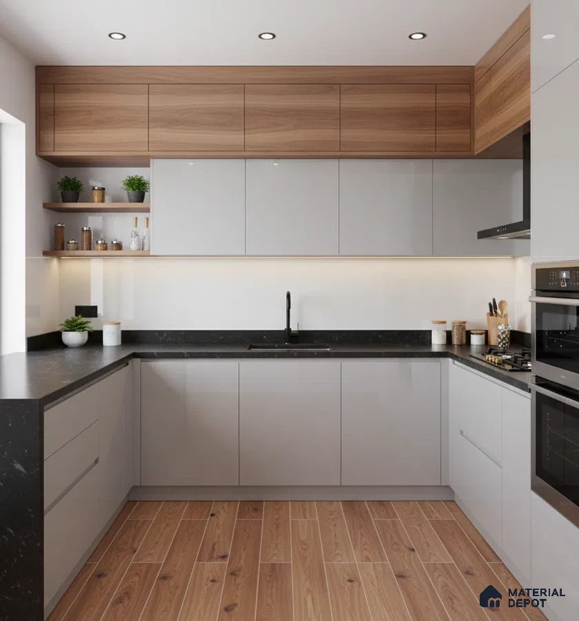 Modern kitchen with grey high gloss laminate, black marble countertop, and wood-look floor tile in Bengaluru