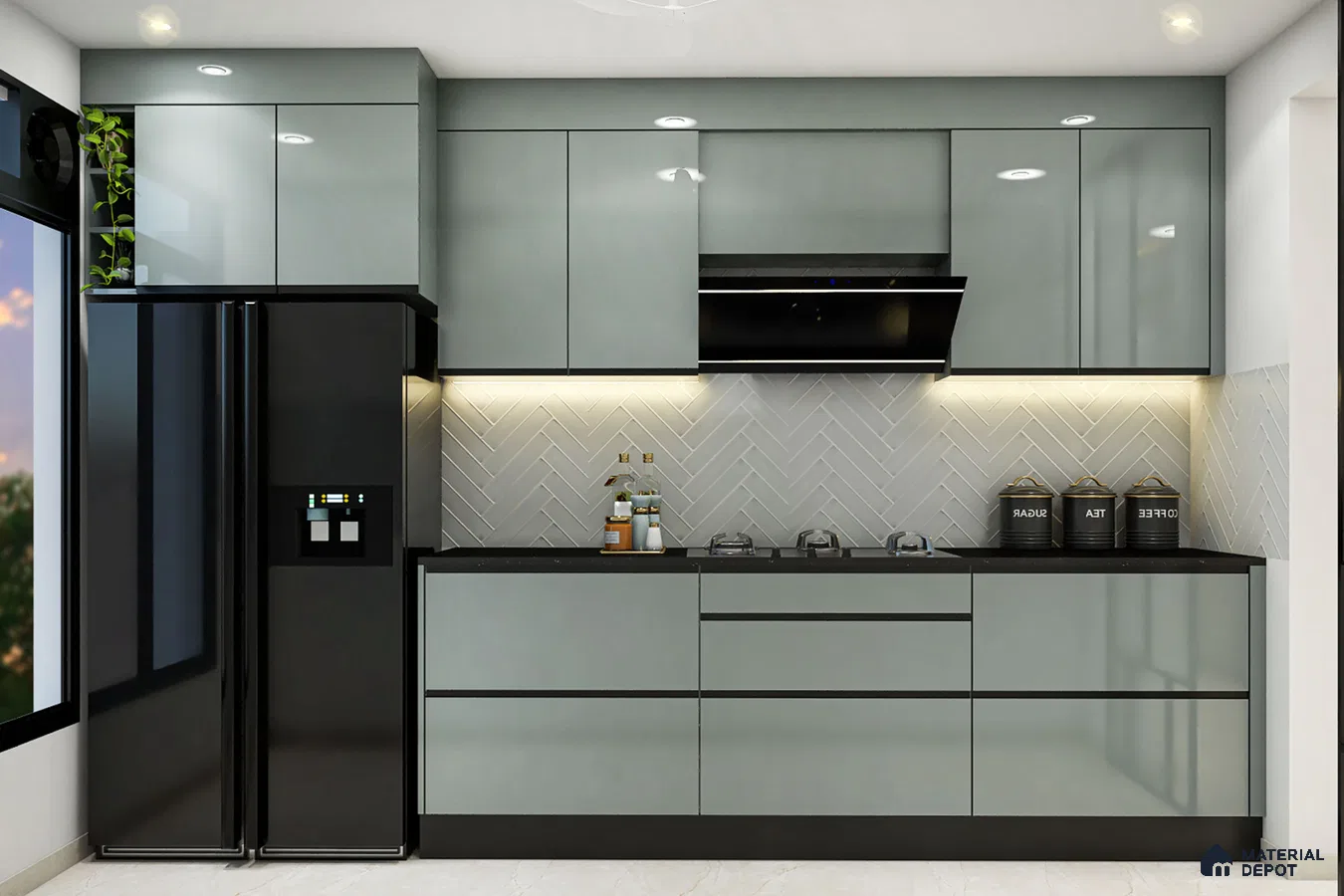 Modern kitchen with grey high gloss laminate cabinets, black quartz countertop, and white herringbone subway tile backsplash in Bengaluru | Material Depot