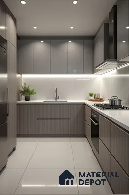 Modern kitchen with grey high gloss laminate, wood grain laminate, and white quartz countertop in Bengaluru | Material Depot