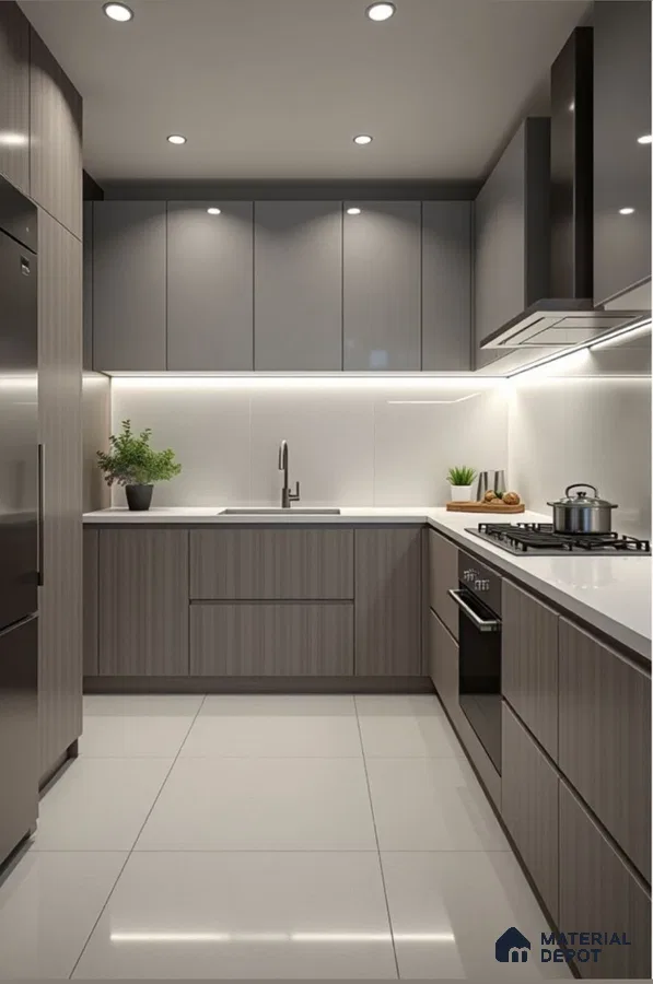 Modern kitchen with grey high gloss laminate, wood grain laminate, and white quartz countertop in Bengaluru | Material Depot