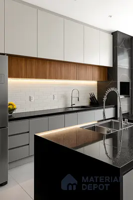 Modern Kitchen with Grey Matte Cabinets, Walnut Overhead Units, Black Granite Countertop & White Subway Backsplash in Prestige Misty Waters Hebbal | Material Depot