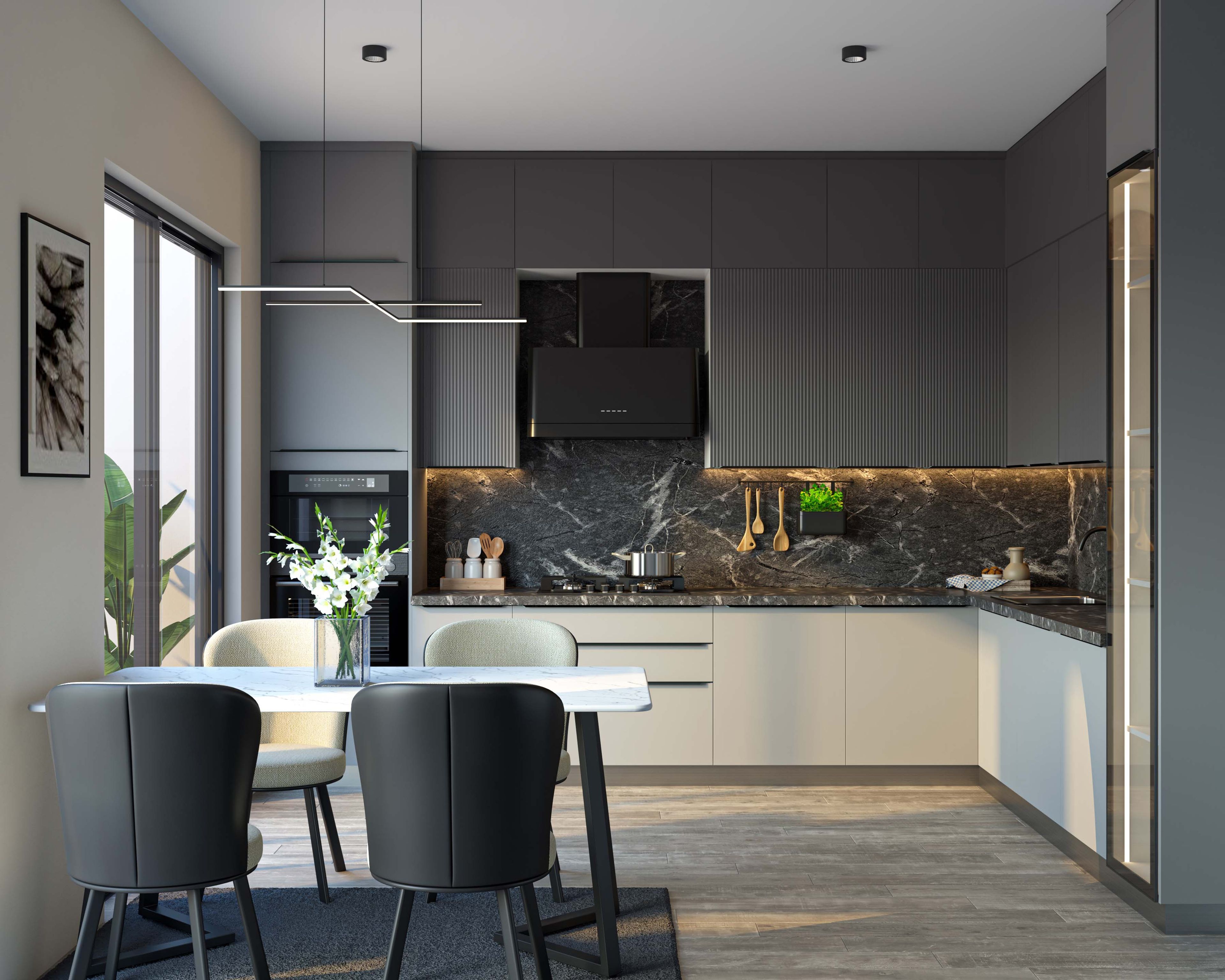 Modern kitchen with grey matte laminate, black marble backsplash, and wood-look floor tile in Bengaluru | Material Depot