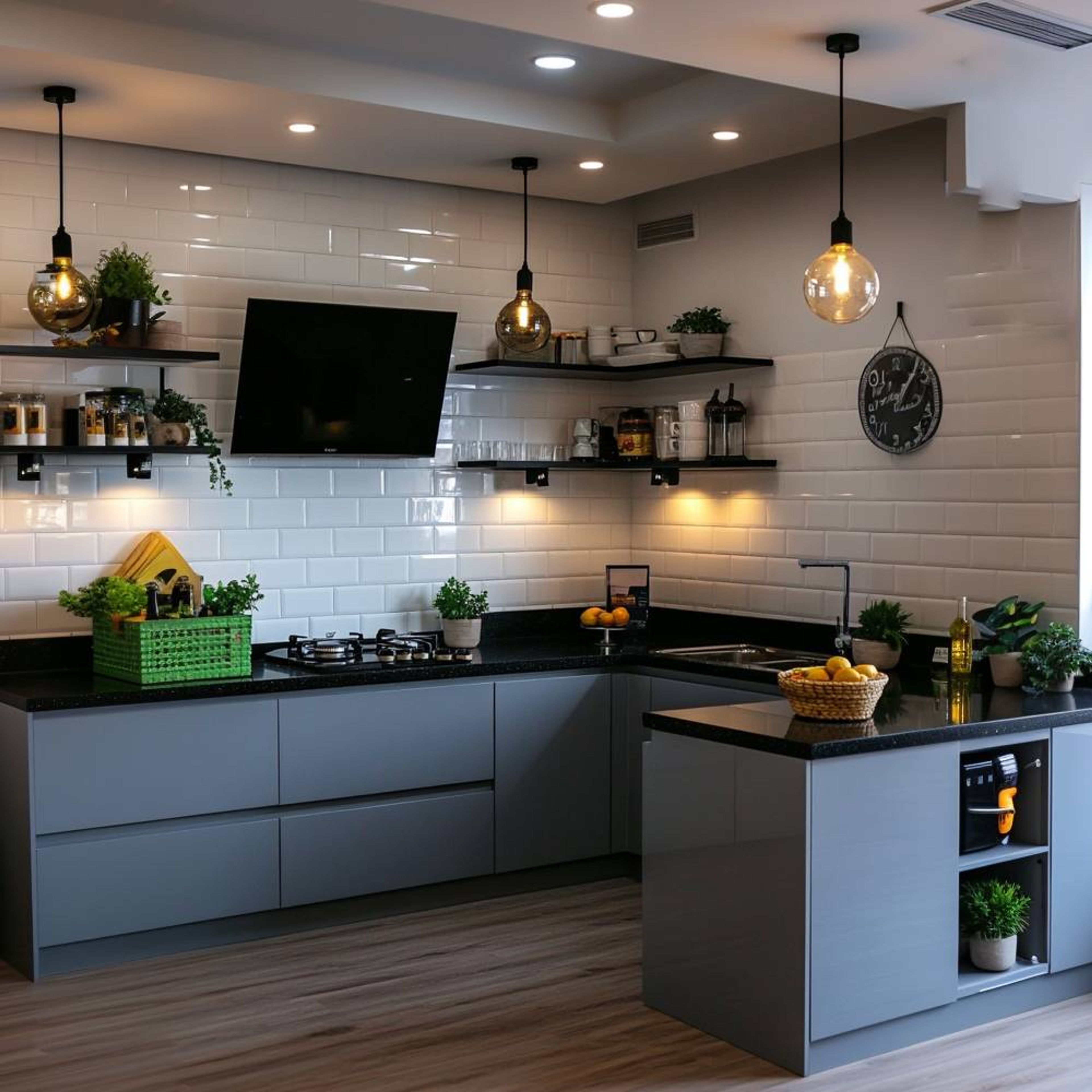 Modern kitchen with grey matte laminate cabinets, black granite countertop, and white subway wall tiles in Bengaluru | Material Depot