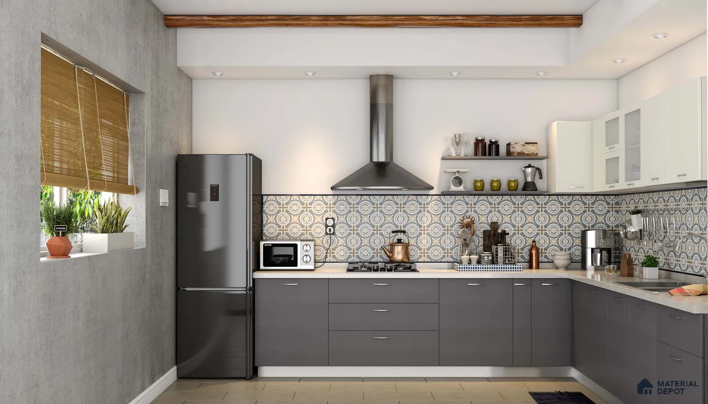 Modern kitchen with grey matte laminate cabinets, patterned moroccan backsplash tiles, and white quartz countertop in Bengaluru | Material Depot