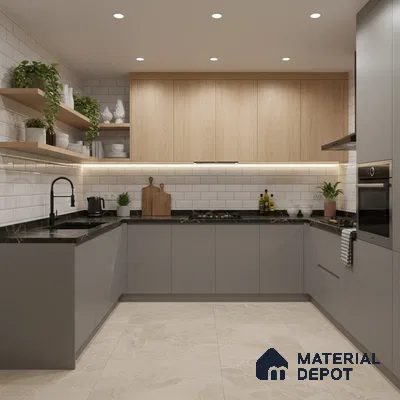 Modern kitchen with grey matte laminate, light oak laminate, black marble countertop, and white subway backsplash tiles in Bengaluru
