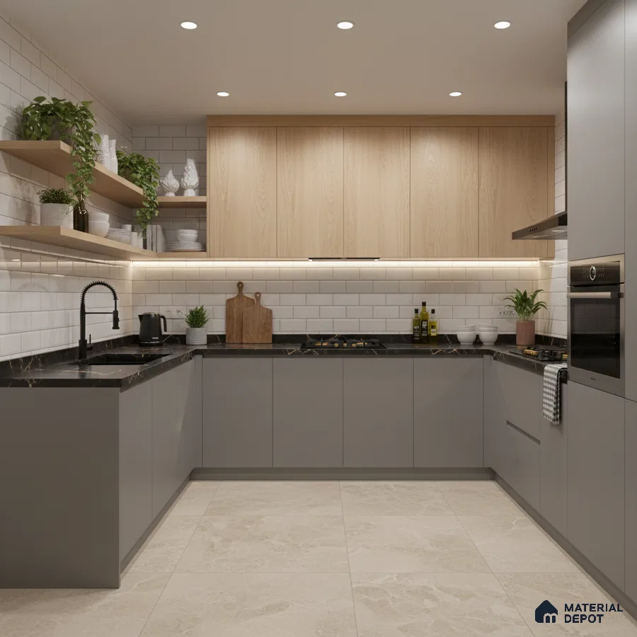 Modern kitchen with grey matte laminate, light oak laminate, black marble countertop, and white subway backsplash tiles in Bengaluru
