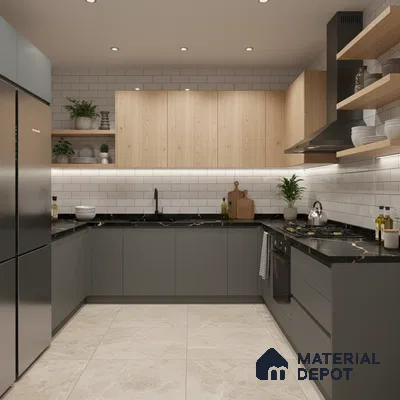 Modern kitchen with grey matte laminate, light oak laminate, black marble countertop, and white subway tile backsplash in Bengaluru