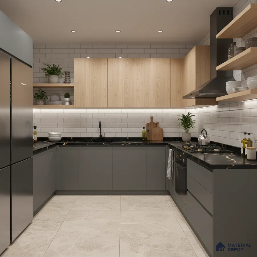 Modern kitchen with grey matte laminate, light oak laminate, black marble countertop, and white subway tile backsplash in Bengaluru