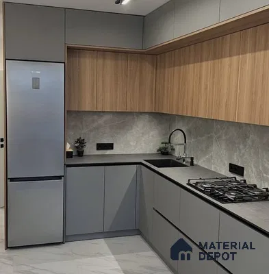 Modern kitchen with grey matte laminate, natural oak laminate, and grey marble backsplash in Bengaluru | Material Depot