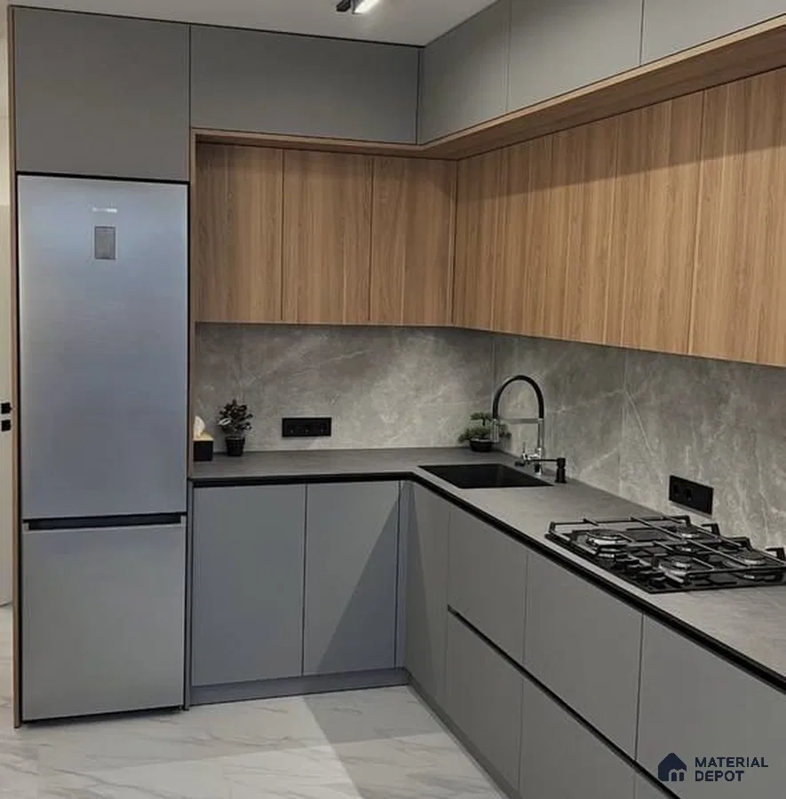 Modern kitchen with grey matte laminate, natural oak laminate, and grey marble backsplash in Bengaluru | Material Depot