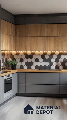 Modern kitchen with grey matte laminate, oak wood laminate, and hexagonal black and white backsplash tiles in Bengaluru | Material Depot
