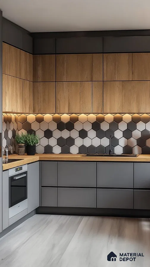 Modern kitchen with grey matte laminate, oak wood laminate, and hexagonal black and white backsplash tiles in Bengaluru | Material Depot