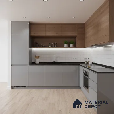 Modern kitchen with grey matte laminate, walnut wood laminate, black quartz countertop, and white square backsplash tiles in Bengaluru