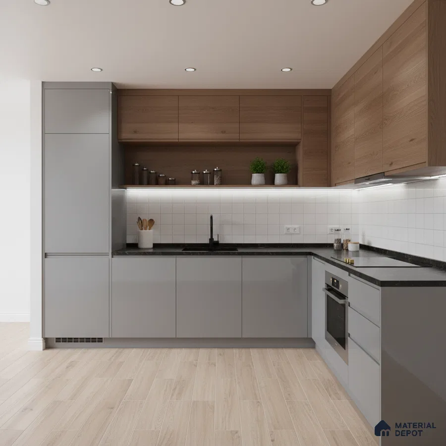 Modern kitchen with grey matte laminate, walnut wood laminate, black quartz countertop, and white square backsplash tiles in Bengaluru