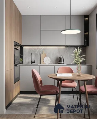 Modern kitchen with grey matte laminate, wood grain laminate, and marble-look backsplash tile in Bengaluru | Material Depot