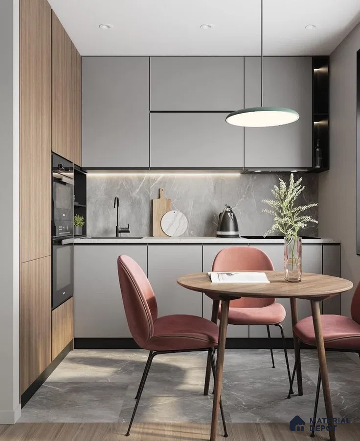 Modern kitchen with grey matte laminate, wood grain laminate, and marble-look backsplash tile in Bengaluru | Material Depot