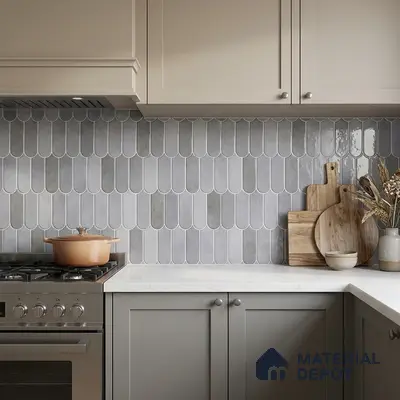 Modern kitchen with grey popsicle backsplash tile and white quartz countertop