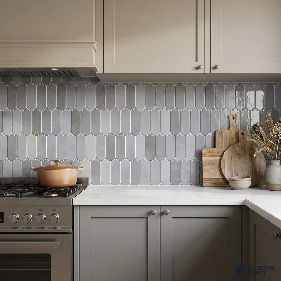 Modern kitchen with grey popsicle backsplash tile and white quartz countertop