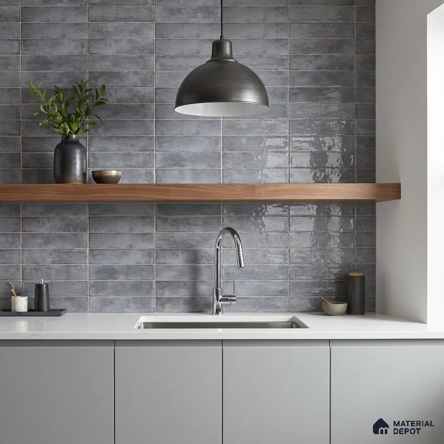Modern kitchen with grey subway wall tiles, matte grey laminate cabinets, and white quartz countertop