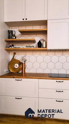 Modern Kitchen with Hexagonal Tiles and Open Shelving | Material Depot