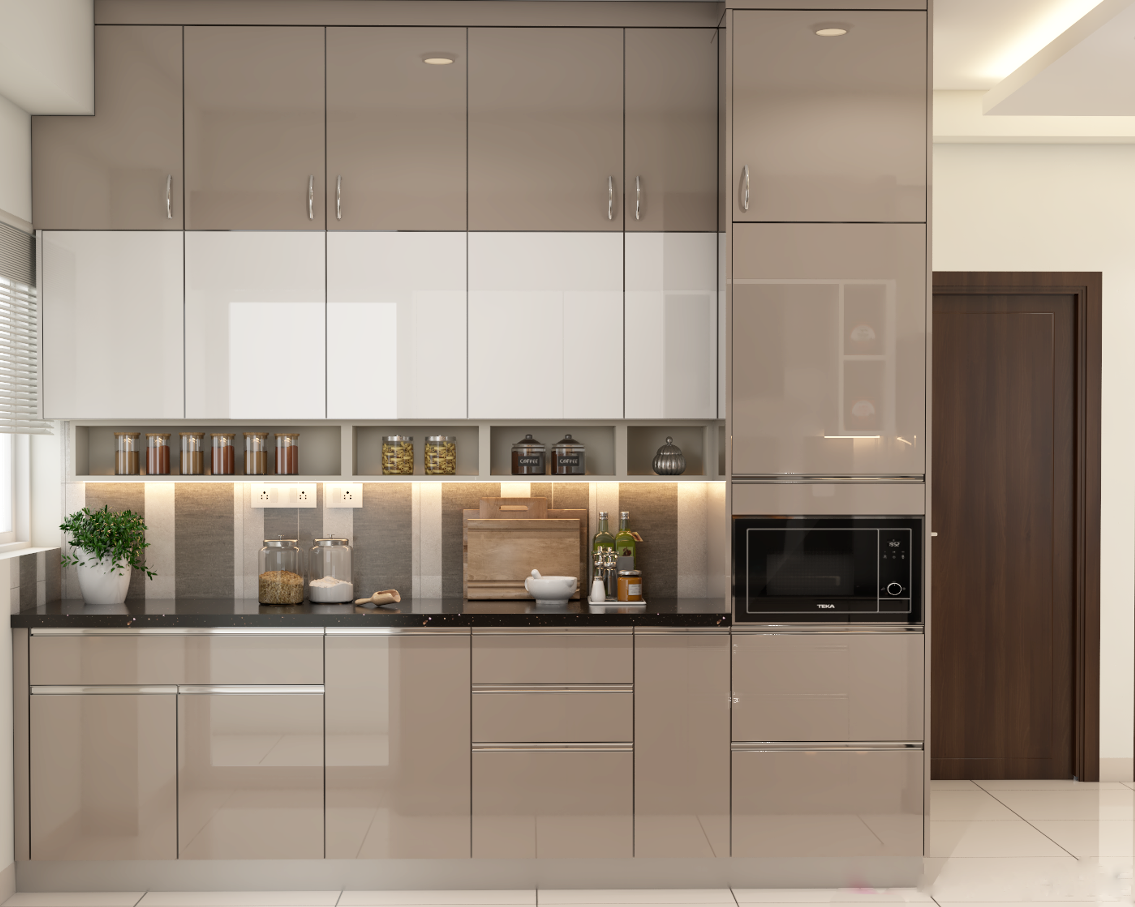 Modern kitchen with high gloss beige and white laminate cabinets and black quartz countertop in Bengaluru | Material Depot