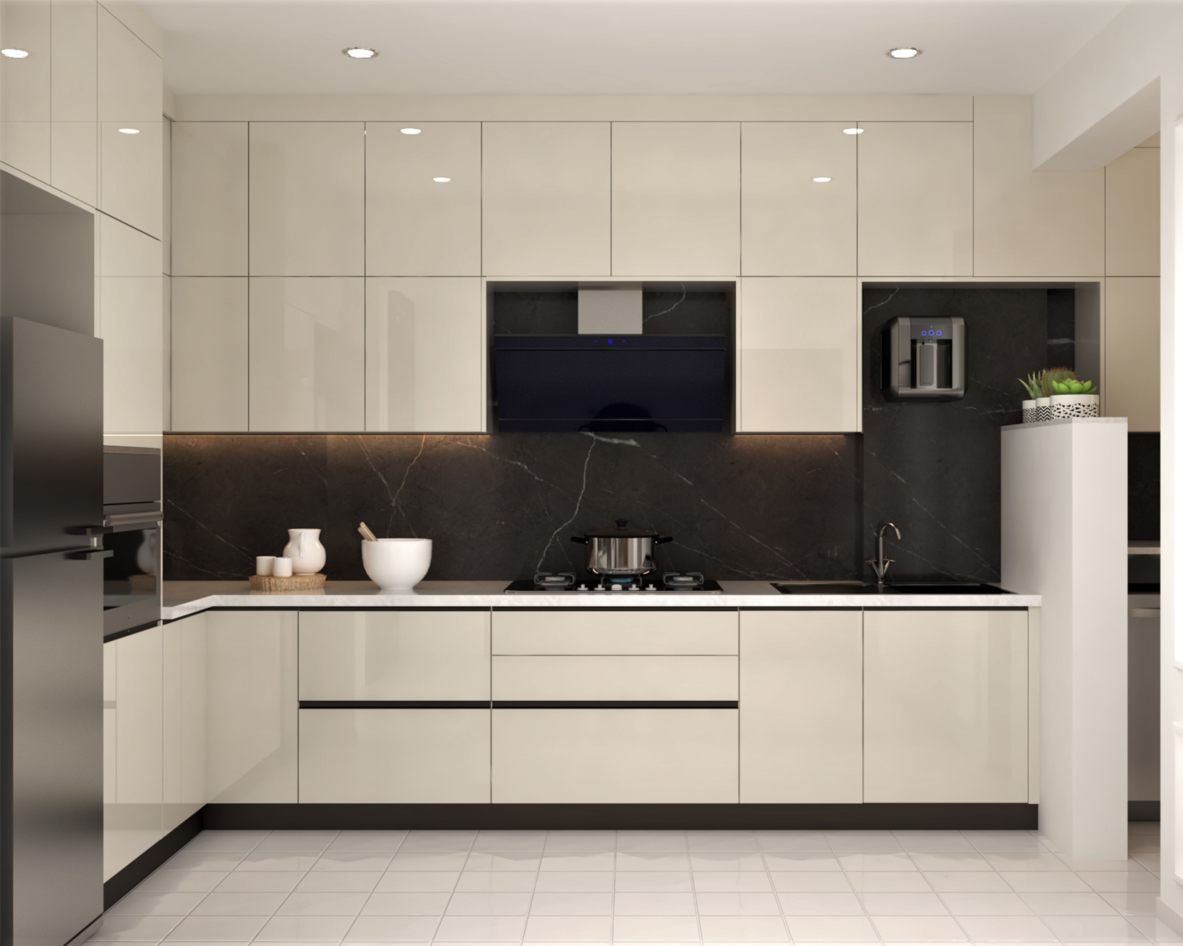 Modern kitchen with high gloss beige laminate, black marble backsplash, and white quartz countertop in Bengaluru | Material Depot