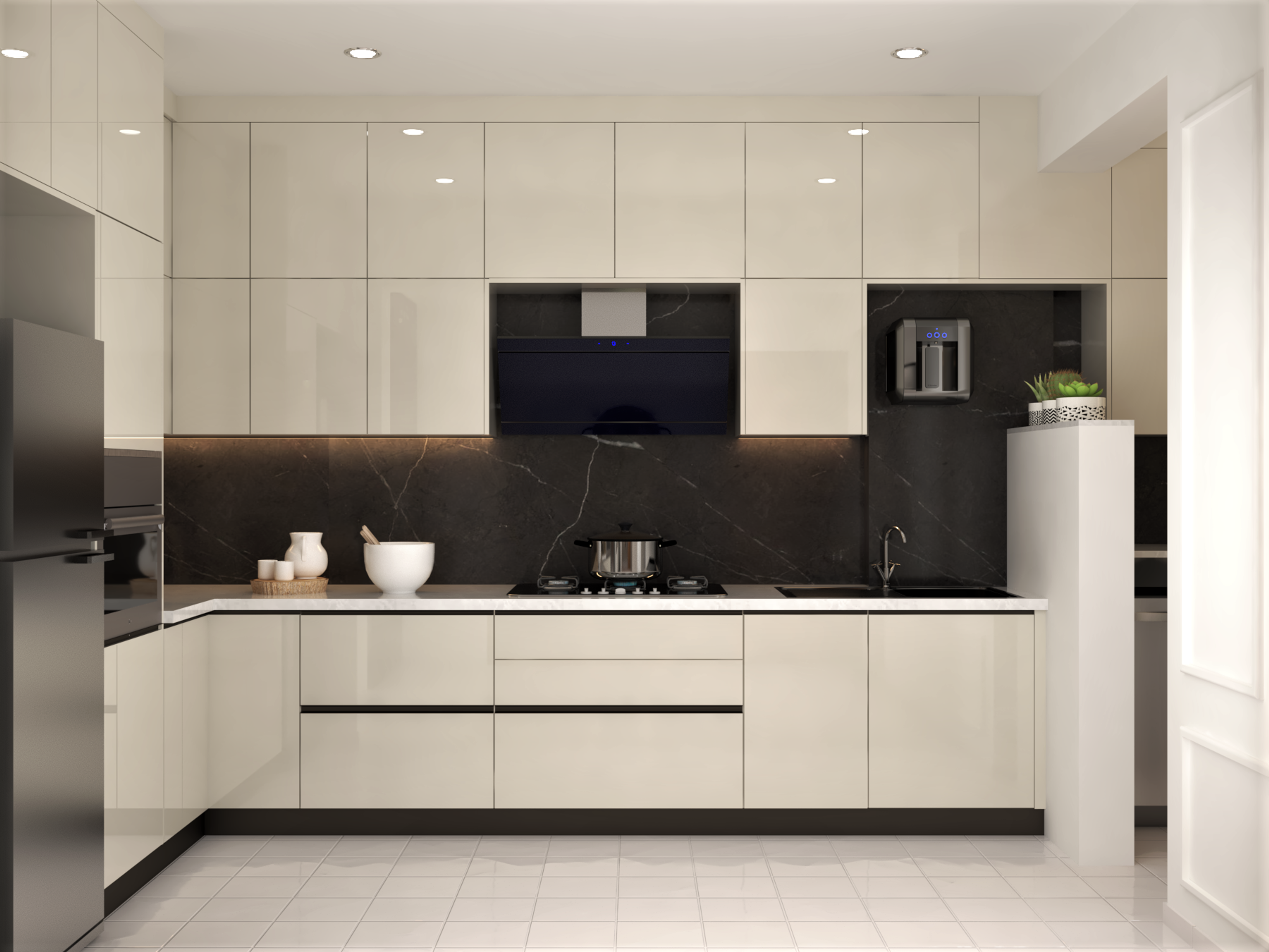 Modern kitchen with high gloss beige laminate, black marble backsplash, and white quartz countertop in Bengaluru | Material Depot