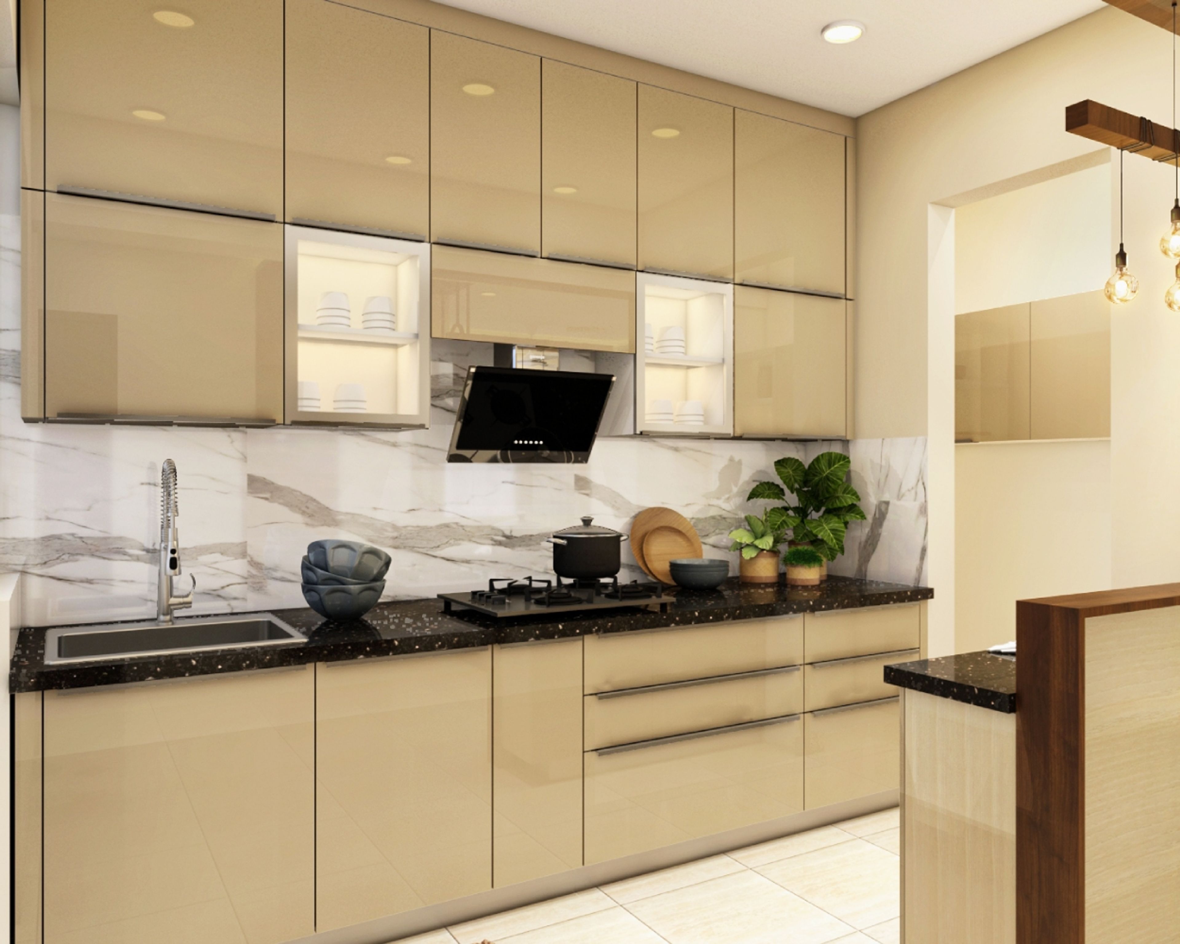 Modern kitchen with high gloss beige laminate, black quartz countertop, and marble backsplash in Bengaluru | Material Depot