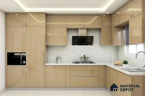 Modern kitchen with high gloss beige laminate cabinets and white quartz countertop in Bengaluru | Material Depot
